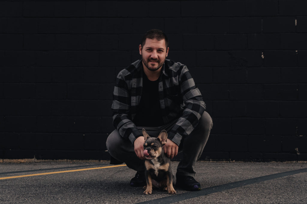 Peter K and Lorenzo photoshoot. Lorenzo is a Blue Tan French Bulldog.